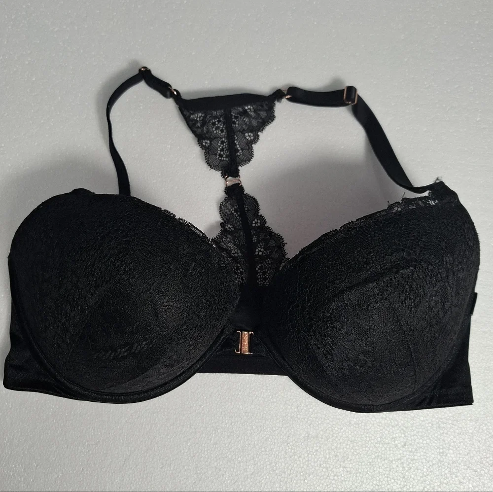 Victoria's Secret PINK Black Lace Racerback Push-Up Bra 36DD Front Clouse